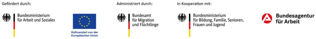 Förderleiste IQ: Gefördert durch das Bundesministerium für Arbeit und Soziales und die Europäische Union, administriert durch das Bundesamt für Migration und Flüchtlinge, in Kooperation mit dem Bundesministerium für Bildung, Familie, Senioren, Frauen und Jugend und der Bundesagentur für Arbeit