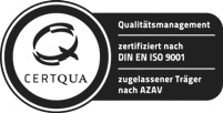 CERTQUA-Siegel: Qualitätsmanagement zertifiziert nach DIN EN ISO 9001, zugelassener Träger nach AZAV